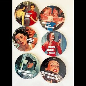 Coaster set Anne Taintor Wise & Wonderful Women in 4” tin. Set of 6